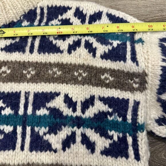 Earth Traders Wool Sweater Cream Blue Fair Isle Chunky Knit Size S/M Pullover - Picture 4 of 6